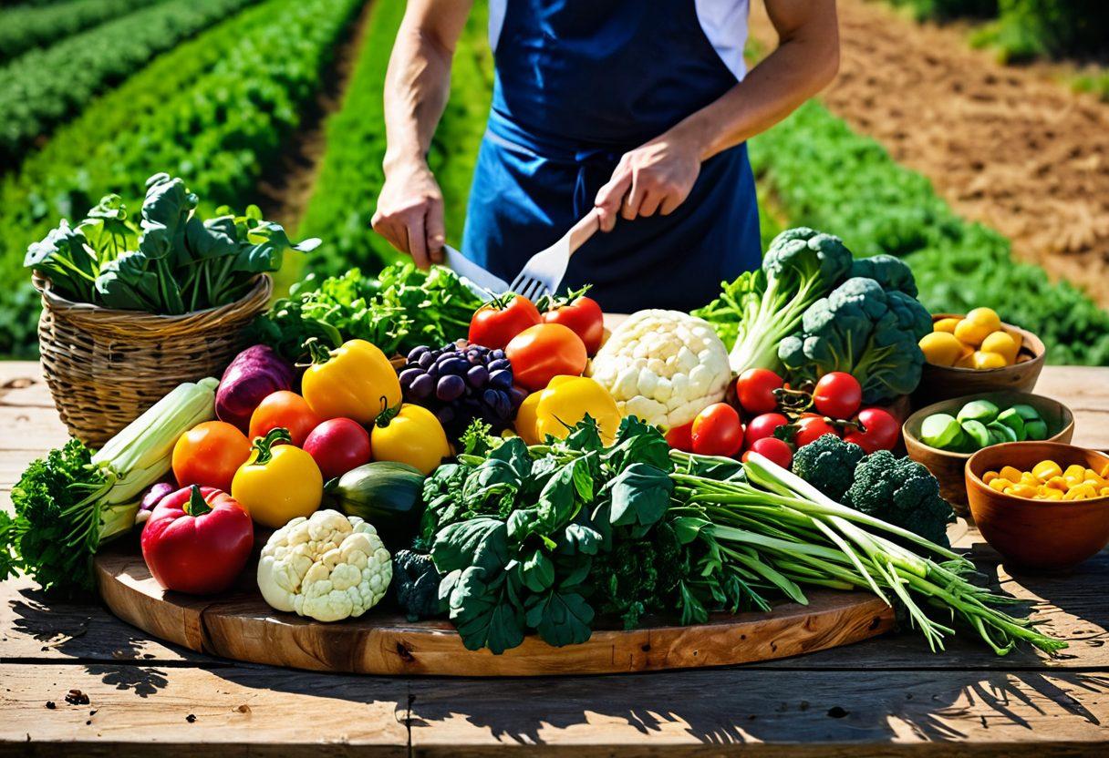 A beautifully laid wooden table filled with an array of fresh seasonal vegetables, herbs, and fruits, showcasing vibrant colors and textures. In the background, a sunny farm landscape with rows of crops and a blue sky, signifying the journey from farm to table. A chef's hands are skillfully arranging the ingredients, emphasizing the art of cooking. Natural lighting enhances the freshness of the produce. super-realistic. vibrant colors. rustic style.