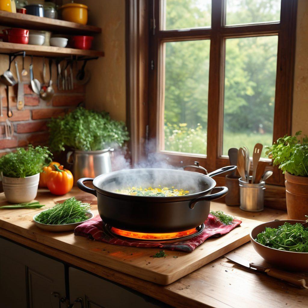 A warm, inviting kitchen filled with colorful ingredients and cooking tools, showcasing a home chef joyfully preparing an elaborate dish. The scene captures steam rising from a pot, fresh herbs sprinkled on a cutting board, and a recipe book open to a delightful page. Background should include rustic walls and sunlight filtering through a window, enhancing the cozy ambiance. vibrant colors. 3D. super-realistic.