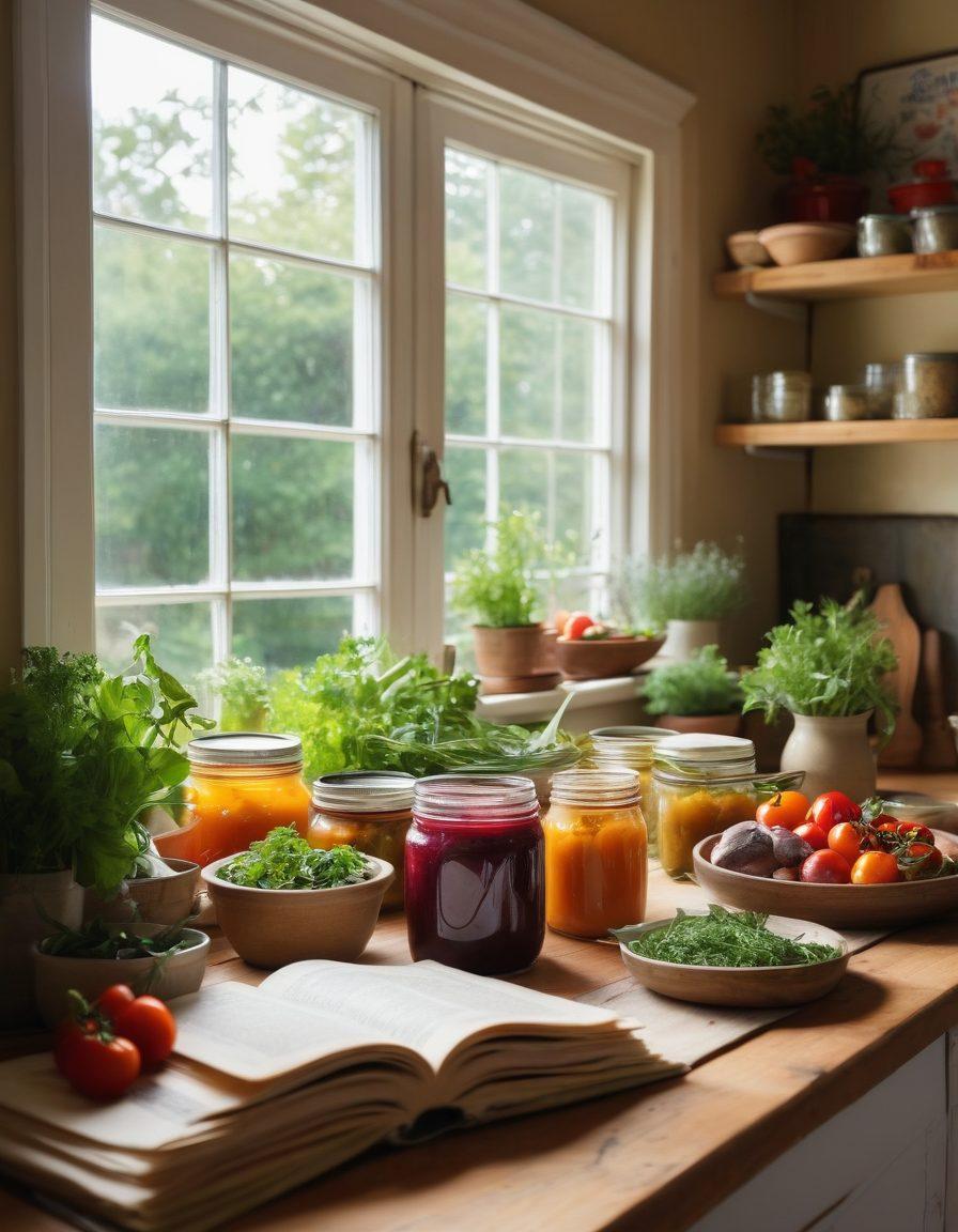 A beautifully set kitchen table featuring an array of vibrant, seasonal vegetables and herbs, with a rustic cookbook open to a delicious recipe. In the background, a small herb garden can be seen through a window, and colorful jars of homemade preserves decorate the shelf. Sunlight pours in, casting warm tones across the scene, inviting viewers to explore sustainable cooking. super-realistic. vibrant colors. soft bokeh background.